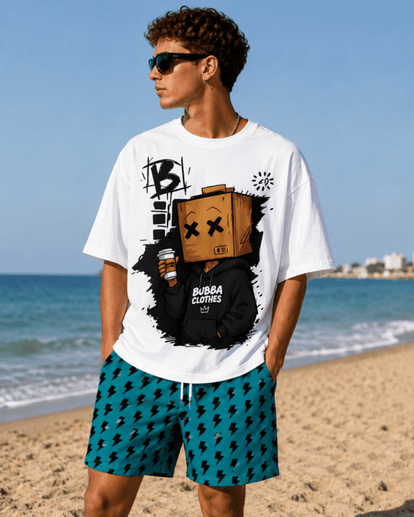 Bañador streetwear hombre Blue Static azul turquesa y negro de BubbaClothes con estampado de rayos eléctricos